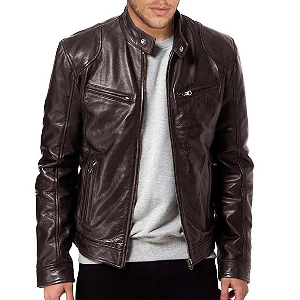 Autumn and Winter Men's Casual Solid Color Long-sleeved Slim Leather Jacket