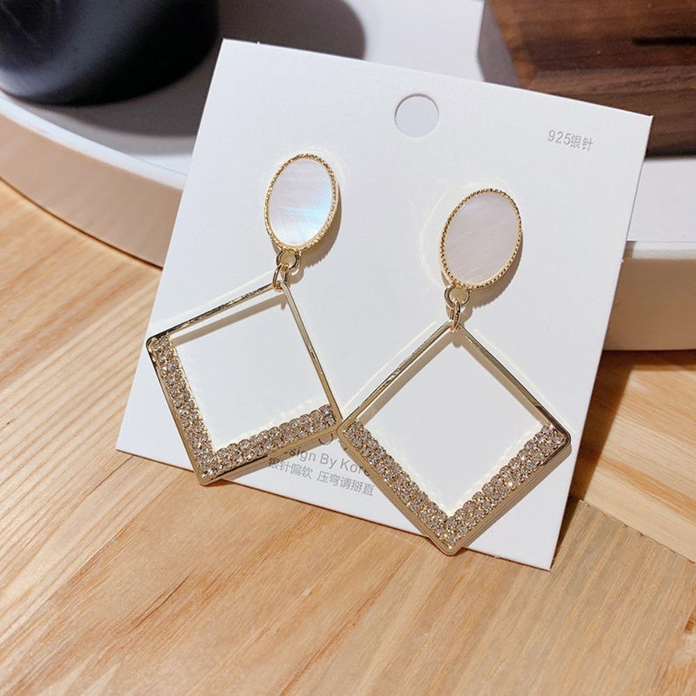 Korean Fashion Hollow Gold Color Square Rhinestone Border Dangle Earrings for Women Party Daily Wear Geometric Statement Jewelry