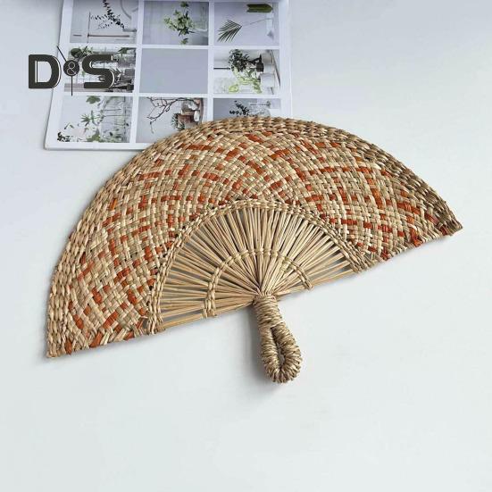 Handgefertigter Fächer aus Strohweben, natürliches Seegras, Raffia-Handfächer, halbrund, gewebtes Palmblatt, Handfächer, Sommer-Kühlfächer, Hochzeits-Party-Dekoration