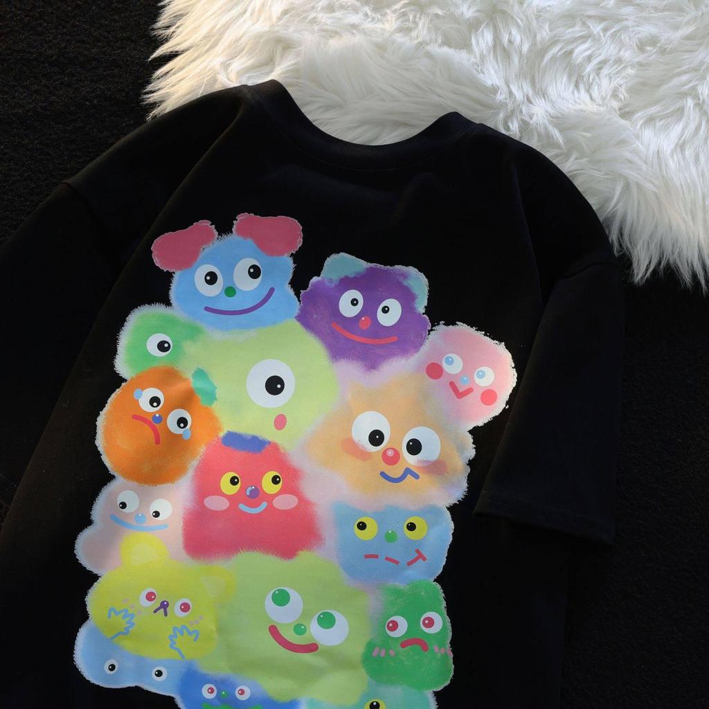 Unisex Retro Cartoon Print Cotton T-Shirt, Plus Size, Loose Fit, Short Sleeve