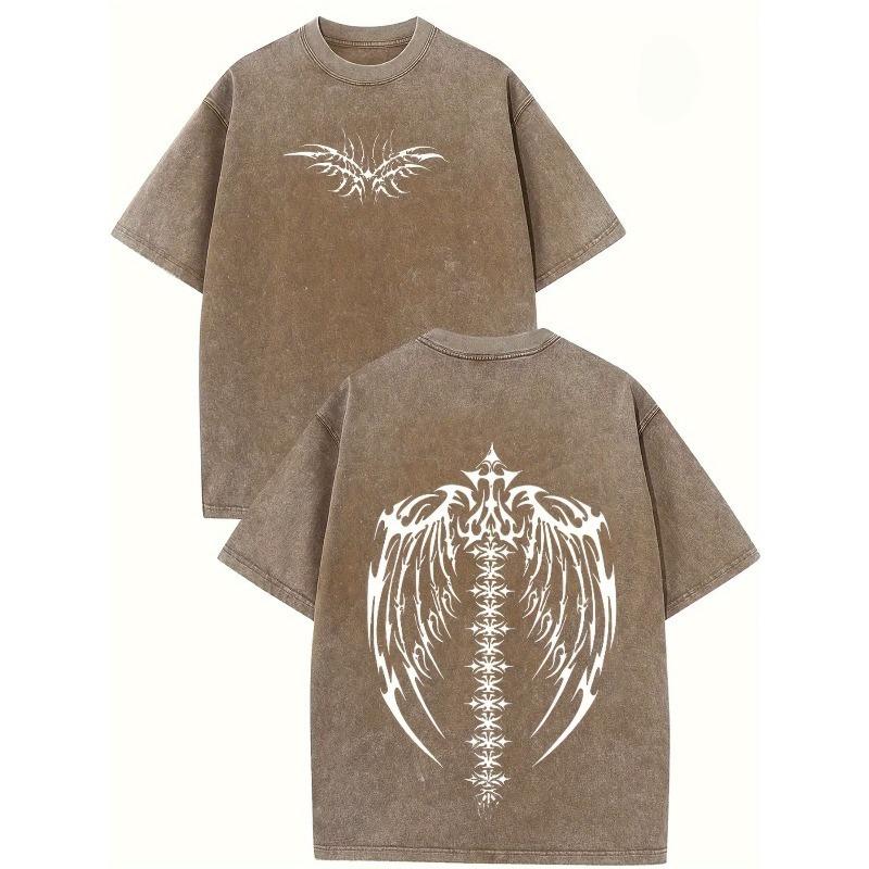 European sizes Men's T-Shirt- Features a Double-Sided Retro White Wing Design, Round Neck, Perfect for Casual Outdoor Wear