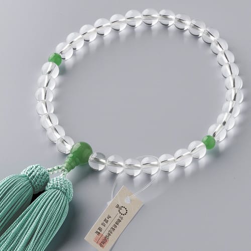 Buddhist Altar Shop Takita Shoten Kyoto Buddhist Prayer Beads for Women, Genuine Crystal and Indian Jade Beads, 8mm Beads, Silk Tassel with Head, Pray