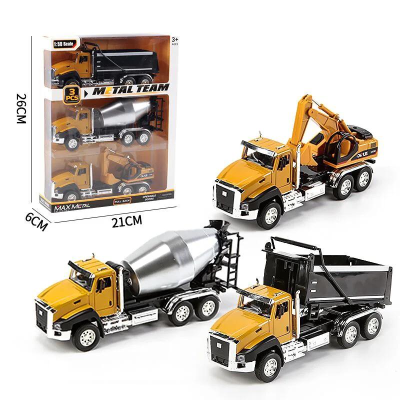 Conjunto de 3 Veículos de Engenharia de Metal com Puxar para Trás Escavadora Simulada Caminhão Trailer Carros de Brinquedo para Meninos Presente B246