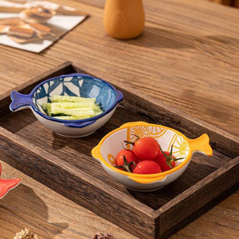 4PCS Underglaze Color Ceramic Dipping Dish Ceramic Mini Fruits Bowl Fish Shaped Dish Home