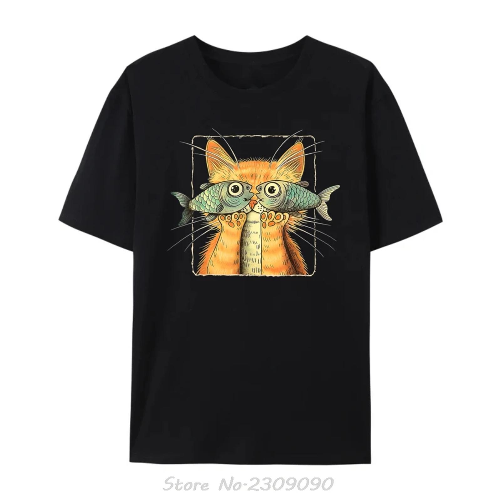 Кот с рыбьими глазами Котенок Смешной кот Пародия на кота Любитель кошек Черная графическая футболка Смешная хлопковая футболка с круглым вырезом Мужская футболка оверсайз S