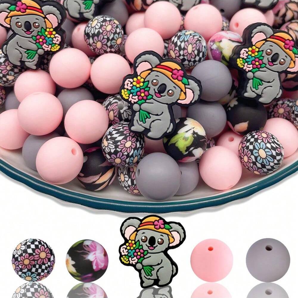 30PCS Silicone Bead Set - Cute Dinosaur, Plant & Flower Designs for DIY Jewelry, Keychains, Bracelets & Craft Pens