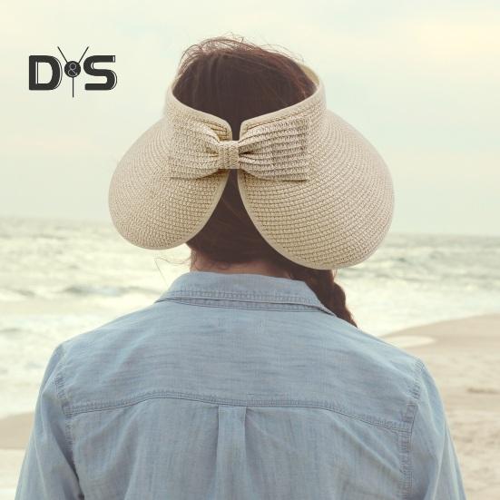 Outdoor Ladies Hat Empty Top Foldable Large Brim Bow Decor Sun Protection Anti-UV Beach Straw Cap Gardening Fishing Travel Hat