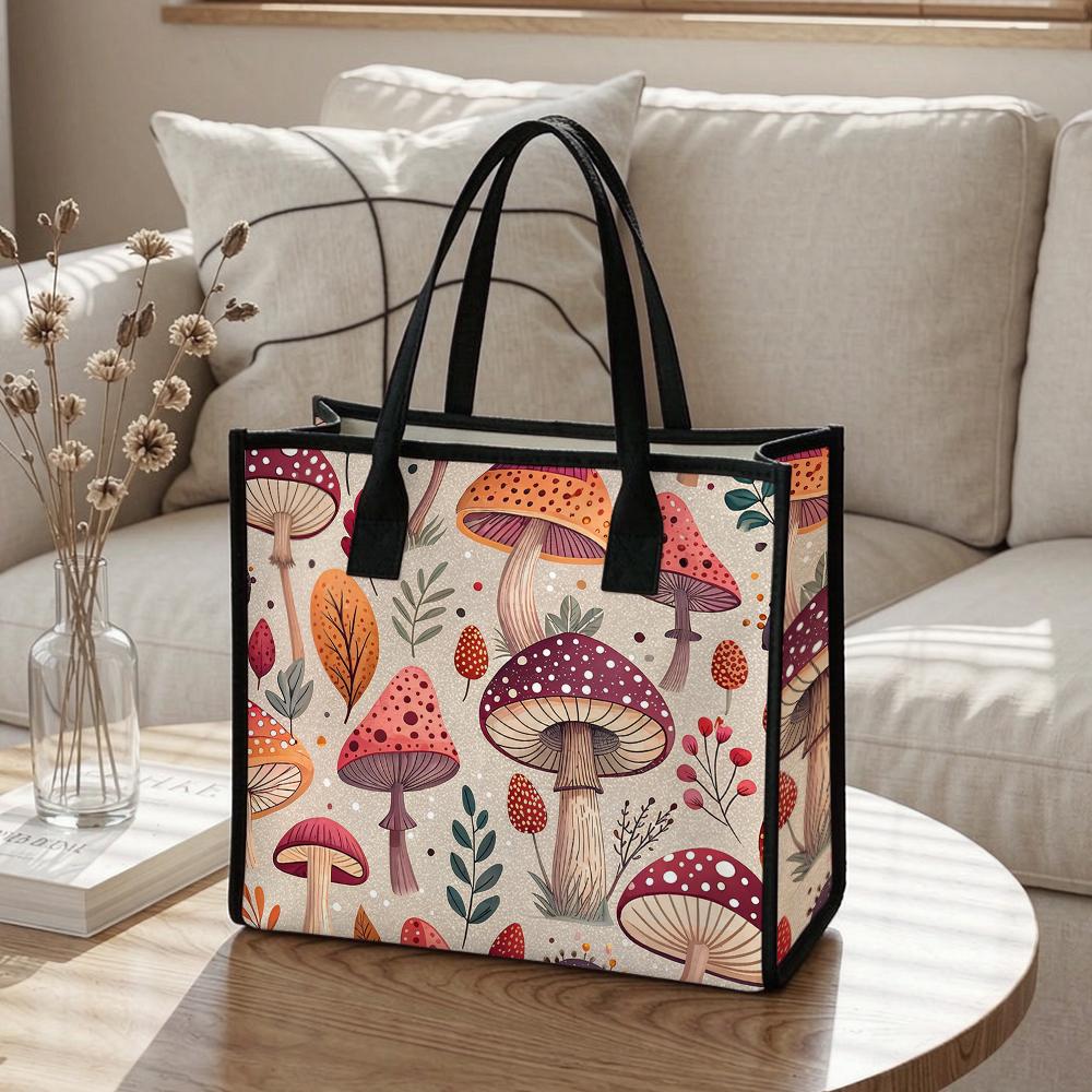 Cute Mushroom Print Casual Tote Bag for Daily Shopping Outdoor Lightweight Trendy Women Handbag
