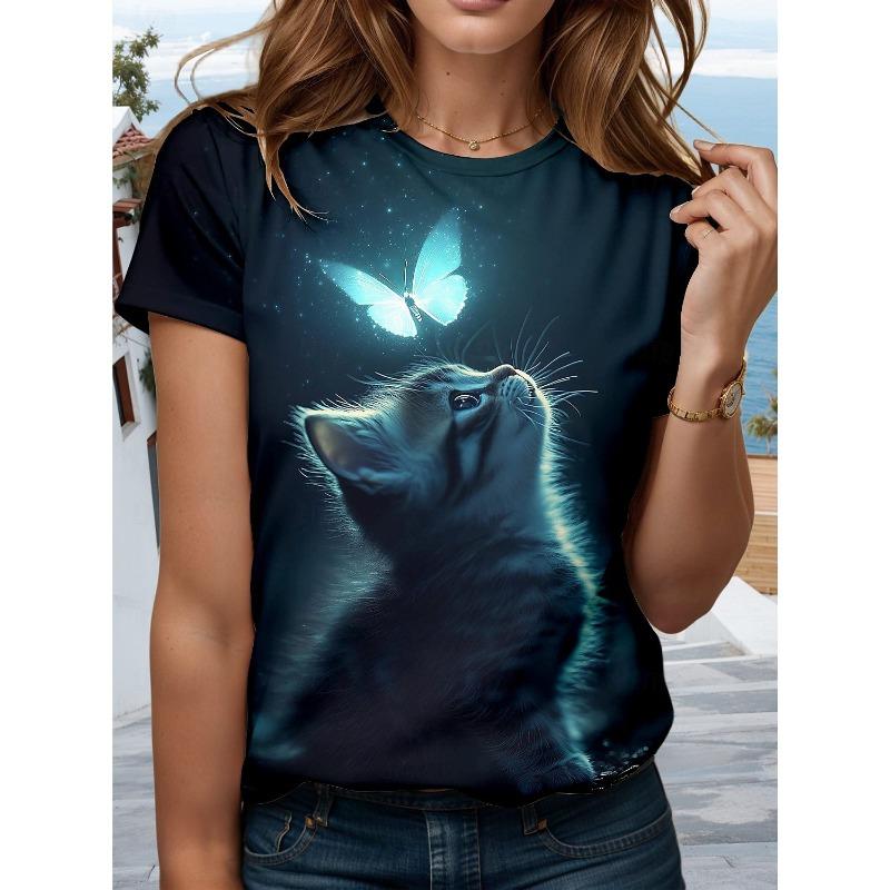 Summer Female Commuting Cat Dog Print Round Neck Short Sleeved Shirt