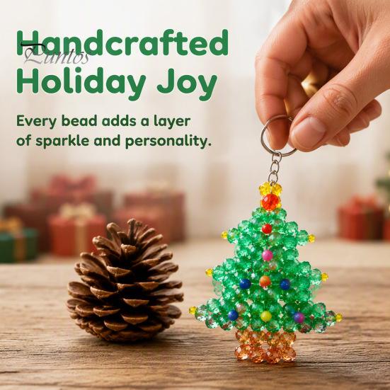 Handmade Beaded Christmas Tree Keychain, Faux Crystal Xmas Pendant, Festive Bead Keychain Craft 3D Holiday Key Ring Charm Accessory for Home