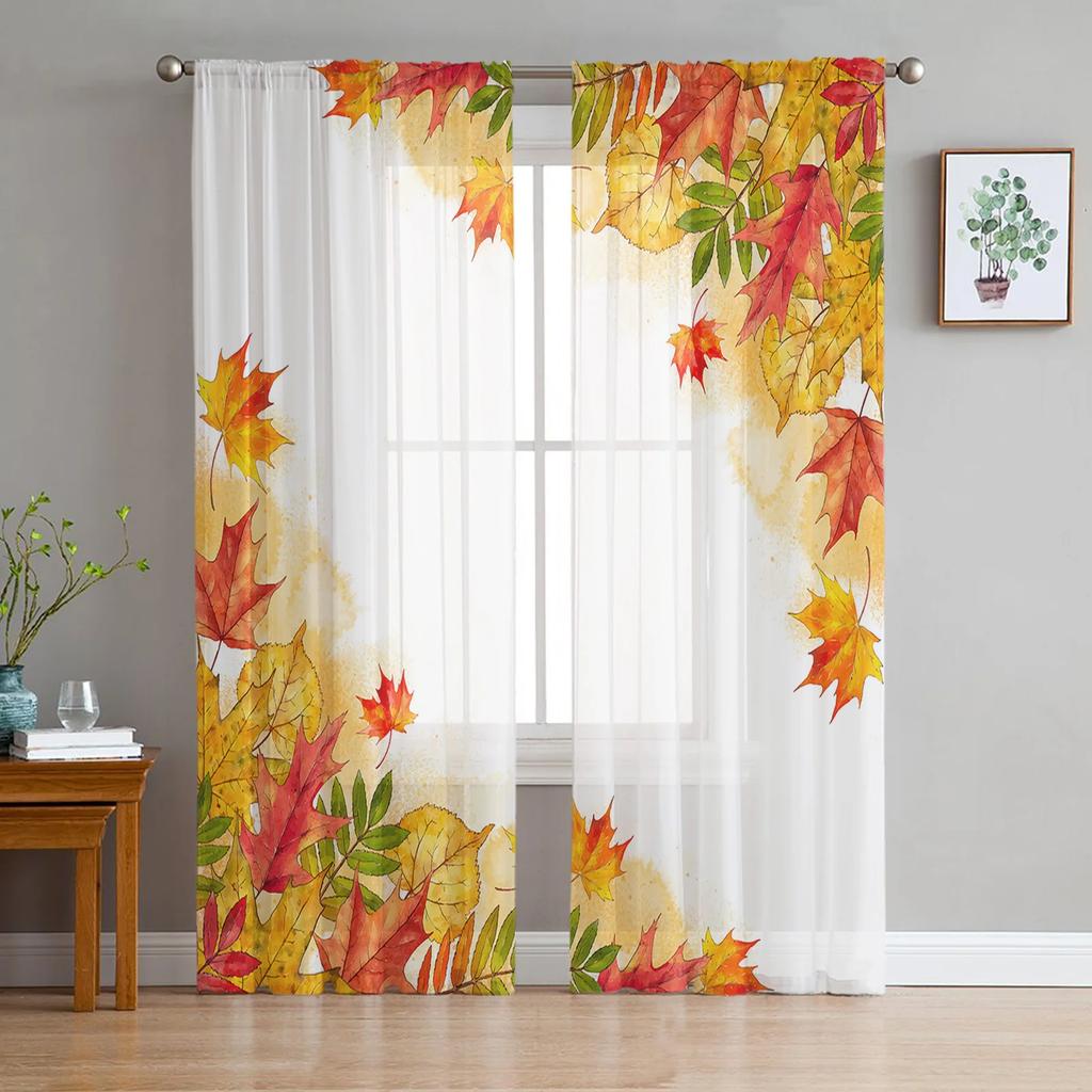 Maple Leaf Autumn Forest Landscape Tulle Curtains Living Room Bedroom Decoration Voile Window Party Drapes Curtain Sheer Polyester Ideal For Area