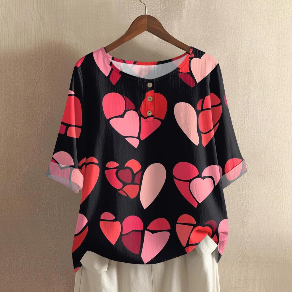 Damska casualowa i wygodna bawełniano-lniana bluzka z okrągłym dekoltem, średniej długości, z modnym nadrukiem