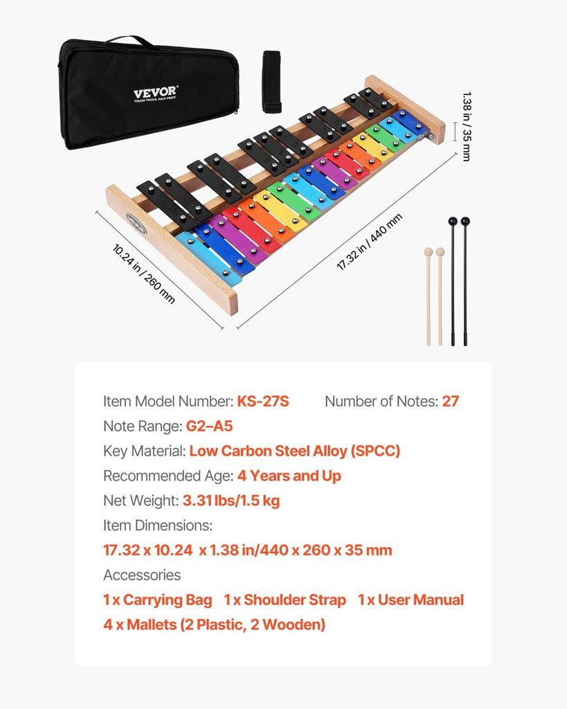 Glockenspiel Xylophone, 27 Notes, Professional Xylophone Percussion Instrument, with Colorful Metal Keys, Includes 4 Mallets, Carrying Bag, Beginner