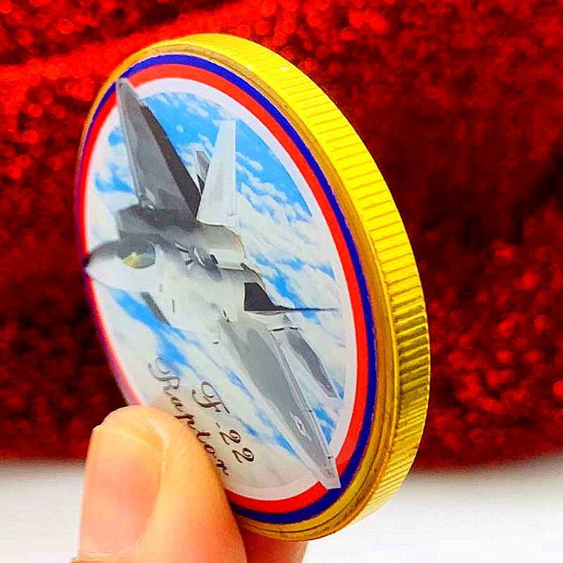 F-22 Raptor Combat Aircraft, Gold Plated Color Printing Commemorative Medal, Craftsmanship, Air Force Creative Gift, Gold Coins and Coins