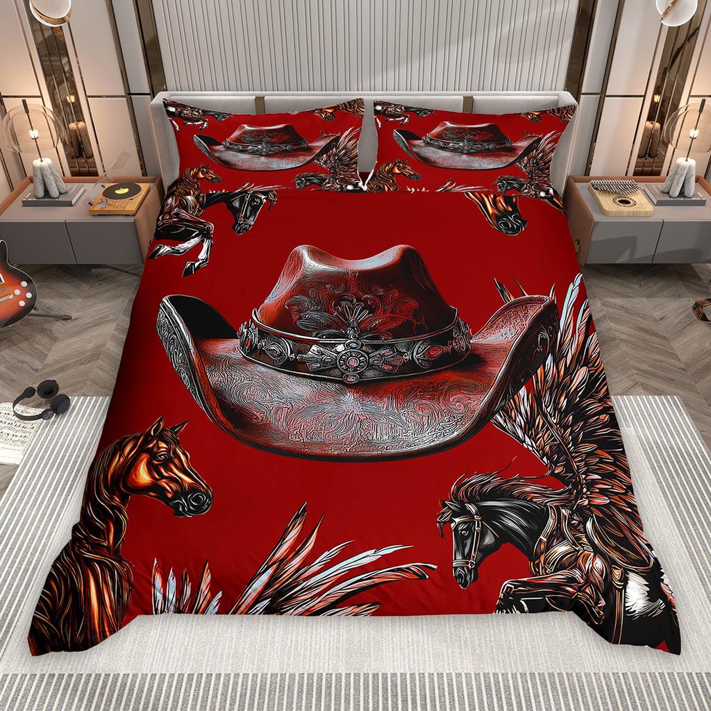 Homewish Southwestern Cowboy Cowgirl Duvet Cover Set 2pcs/3pcs, Rustic Texas Star Bedding, Retro Hat Boots Quilt Cover Set