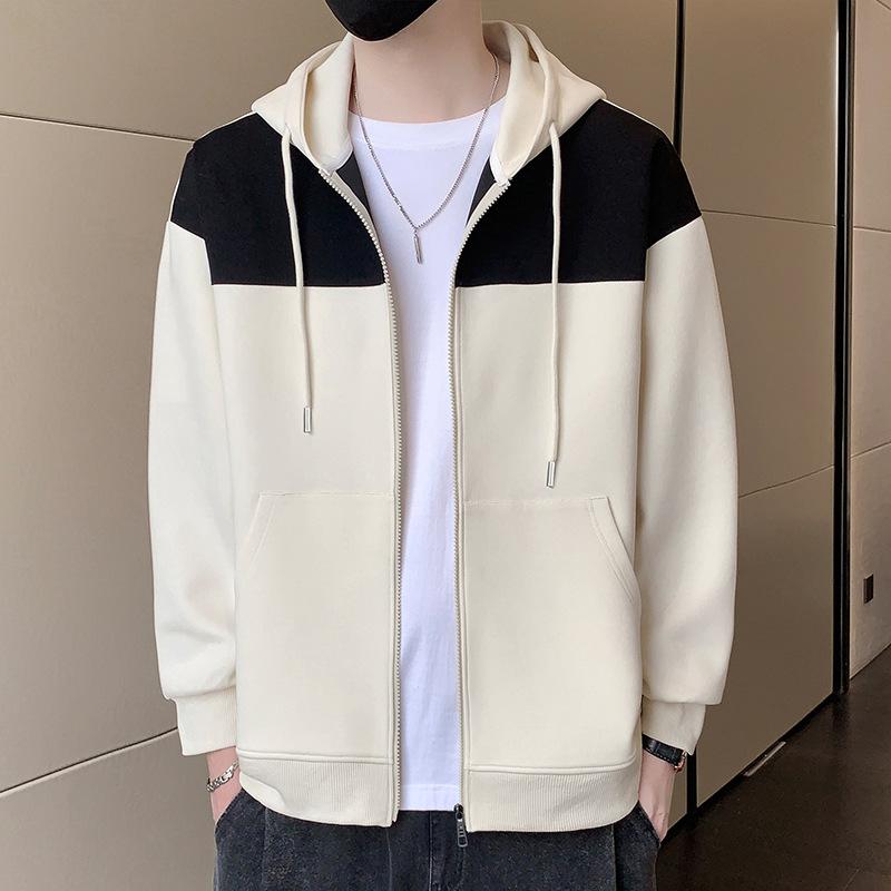 Hooded Cardigan Sweater Jacket Men's Autumn American Loose Top Clothes Men's Color Matching Casual Jacket