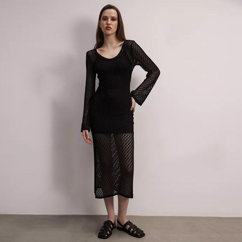 Knitted Hollow Out Beach Dresses Women Sexy Solid O-neck Long Sleeve Oversize Dress Spring Summer Lady Sunscreen Vestidos