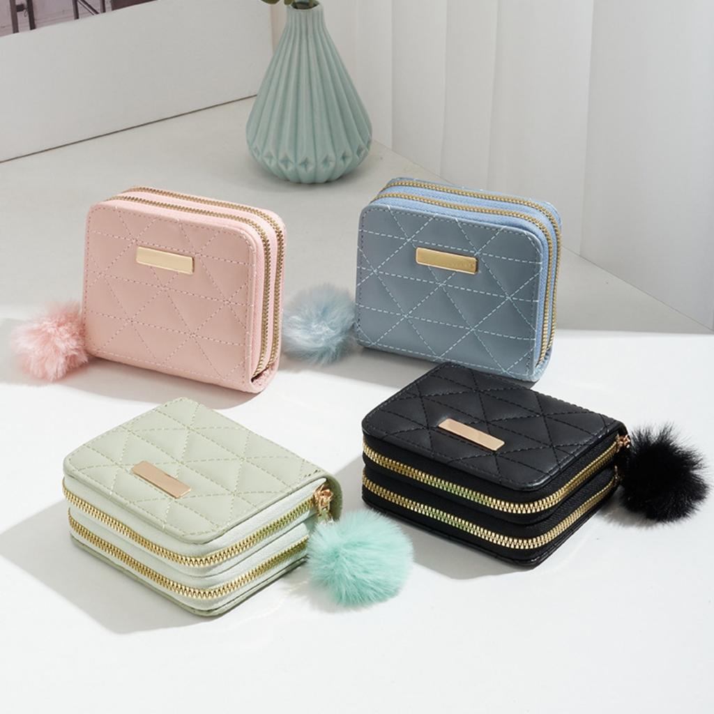 Small Fur Ball Bag, Double Layered Wallet, Diamond Grid, Ladies', Short, Hand-held, Coin Purse