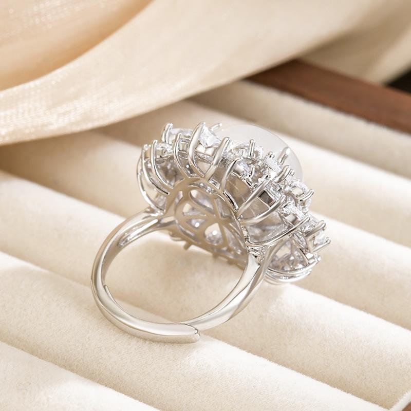 Ice Jade White Jade Flower Bloom Ring - High-End Diamond Paved Luxury Banquet Jewelry