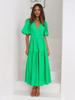Women V Neck Puff Sleeve Tiered Maxi Dress with Waist Gathering Solid Color