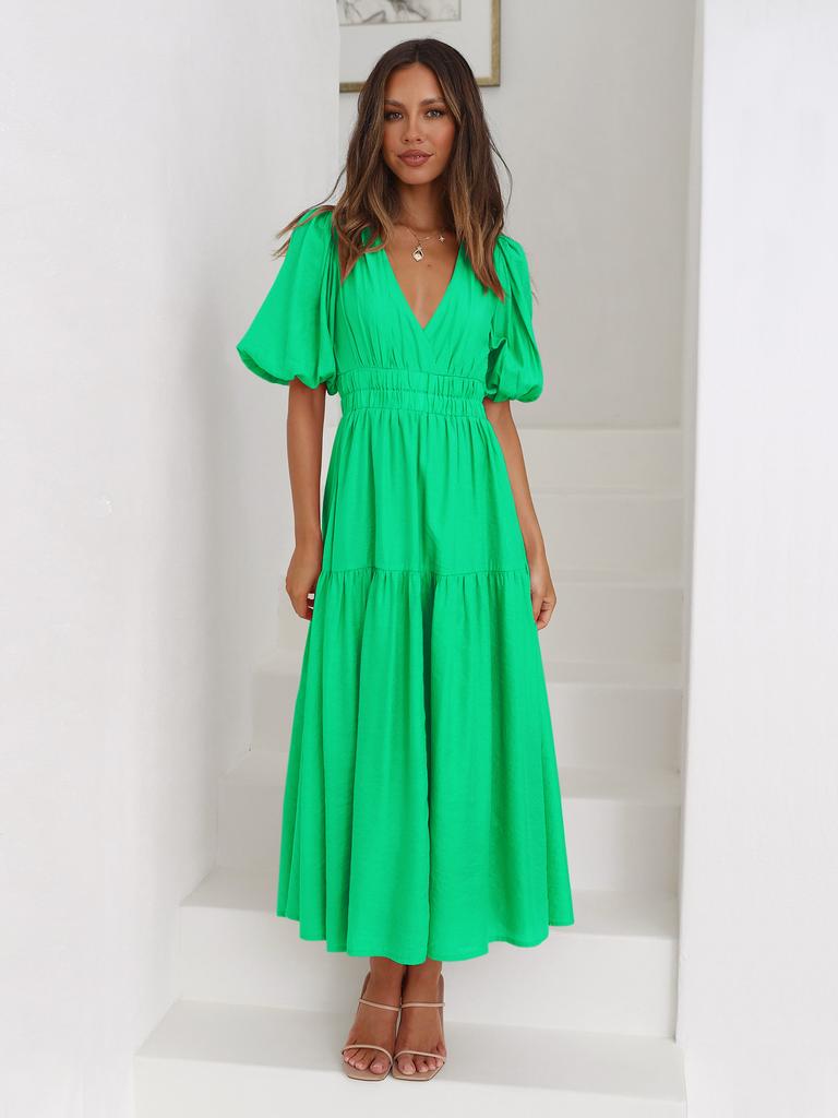 Women V Neck Puff Sleeve Tiered Maxi Dress with Waist Gathering Solid Color