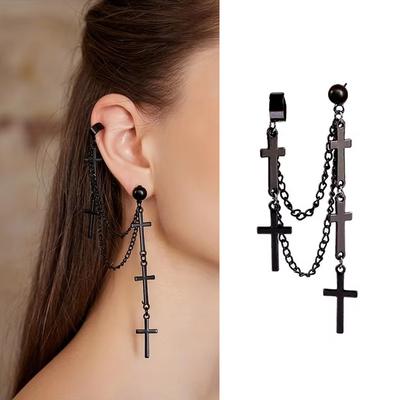 Punk Black Cross Long Tassel Earrings Gothic Double Layer Chain Cuff Earrings For Women Party Jewelry