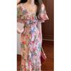 French romantic elegant retro ruffle edge cloak collar floral dress women's summer waist and thin temperament long dress