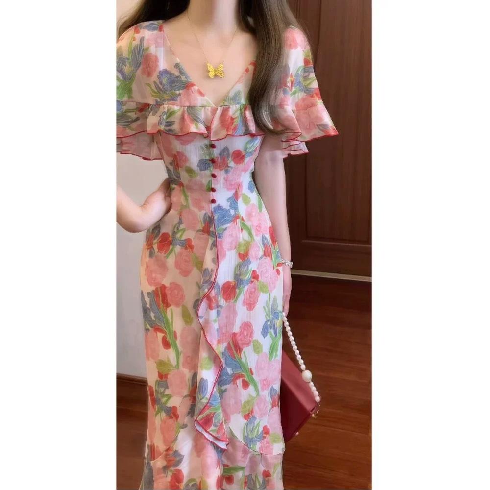 French romantic elegant retro ruffle edge cloak collar floral dress women's summer waist and thin temperament long dress