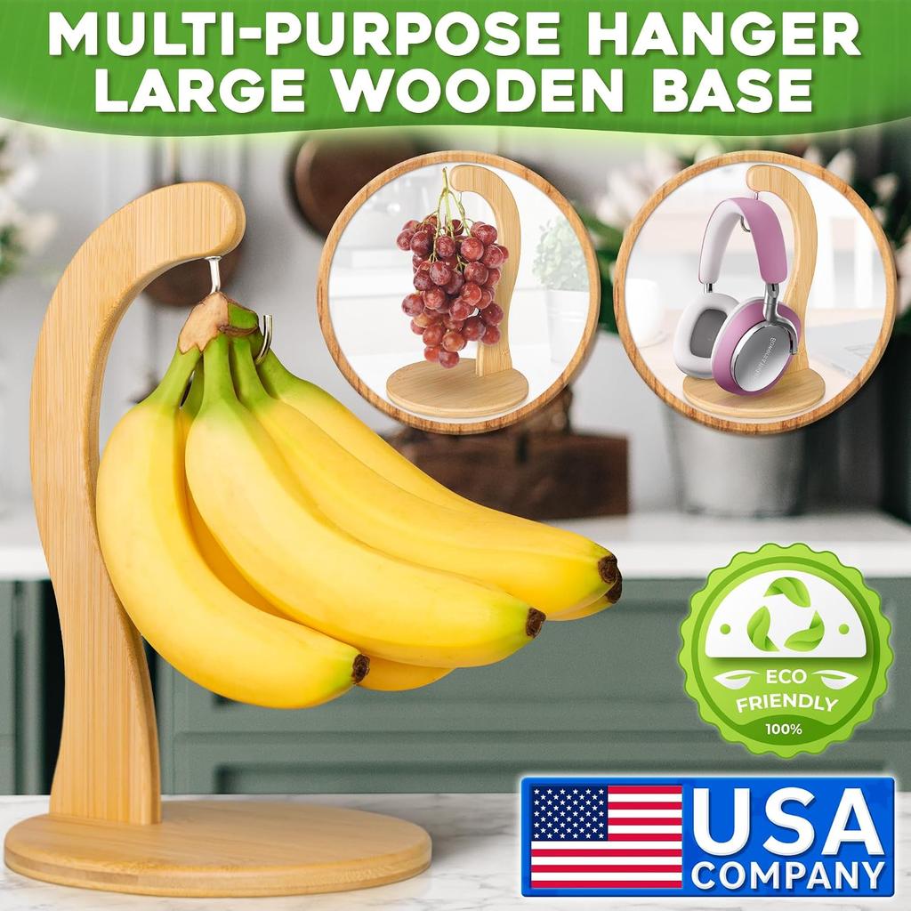 Bananenhalter mit Hängehaken, Rustikaler Holz-Traubenständer für die Küchenarbeitsplatte, Bambus-Fruchtaufhänger zur Frischhaltung von Bananen & Früchten