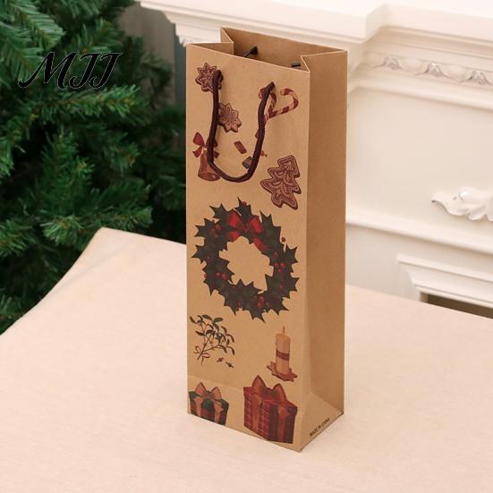 Festive Paper Wine Bottle Bags Christmas Gift Bag, Reusable Bag with Handle, Santa Tree Party Packaging Wreath Print for Favors And Seasonal Presents