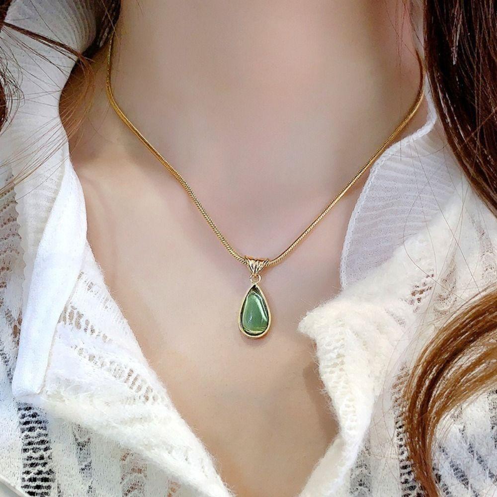 Titanium Drop Pendant Necklace Olive-green Snake Bone Chain Necklace French Vintage Necklace  Gift