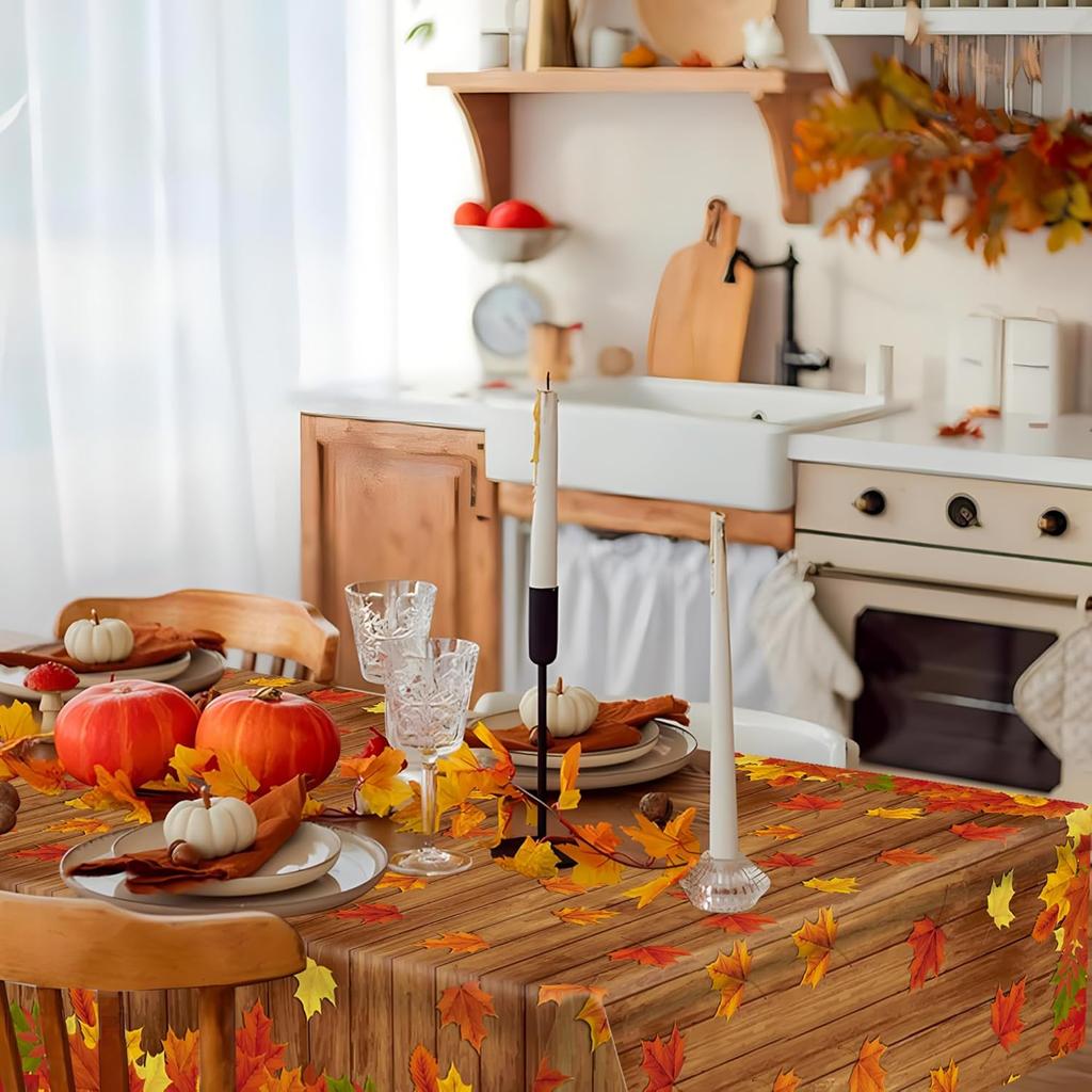 2 PCS Fall Plastic Tablecloth Disposable Maple Leaf Table Covers Thanksgiving Wood Grain Tablecloths for Autumn Harvest Party Farmhouse Table