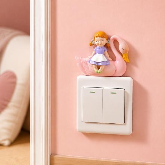 Decorative Wall Switch Decal 3D Resin Stickers, Fairy Tale Girl on Swan Decor, Sticker Peel & Stick Light for Kids Bedroom Nursery Home Decor