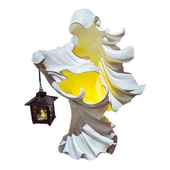 LED Witch Lantern Ornament Halloween Faceless Ghost Sculpture Holding Lantern Vintage Resin Witch Statue for Yard Patio Lawn Decor