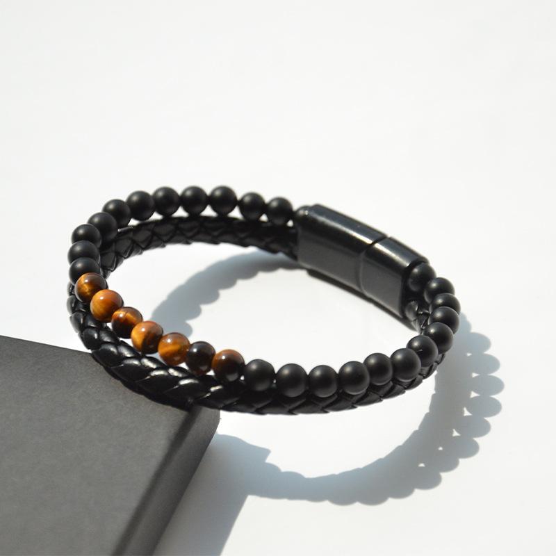 Colorful Volcanic Tiger Eye Bracelet for Men Summer Stylish PU Leather Beaded Stone Cuff 75 inches(190.50cm)