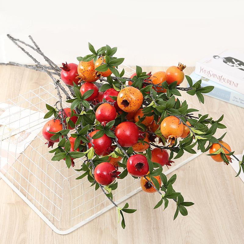 Hengrui Simulation Persimmon, Pomegranate, and Lemon Branches with Leaves for New Year Home Decoration