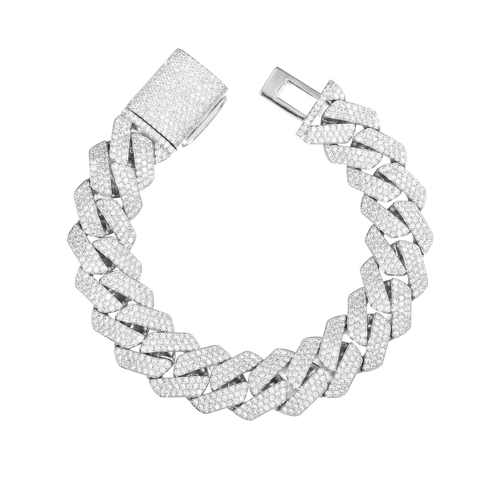 16-миллиметровый трехрядный ромбовидный кубинский браслет с инкрустированными муассанитами - Роскошный хип-хоп стиль для мужчин 7 inches (18CM) платиновый