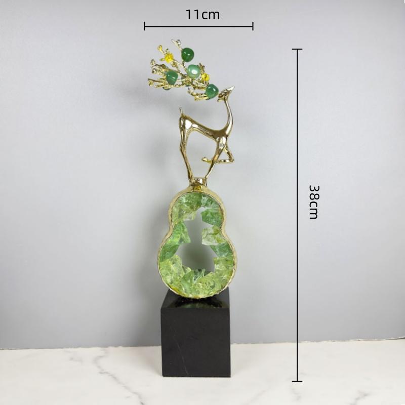 Metal Handicrafts Crystal Green Gourd Sculpture Golden Deer Metal Figurine Lucky Crystal Statue Home Decoration Accessories