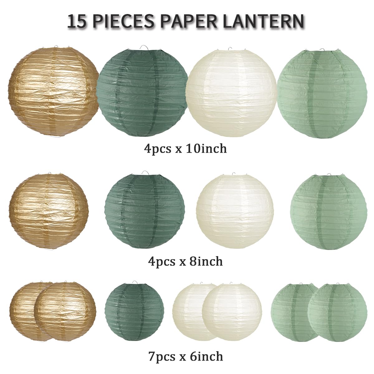 

Elegant Round Paper Lanterns - Wedding & Party Decor, Rustic Bridal Shower, Sage Green Gold Ivory Hanging Set 15pcs