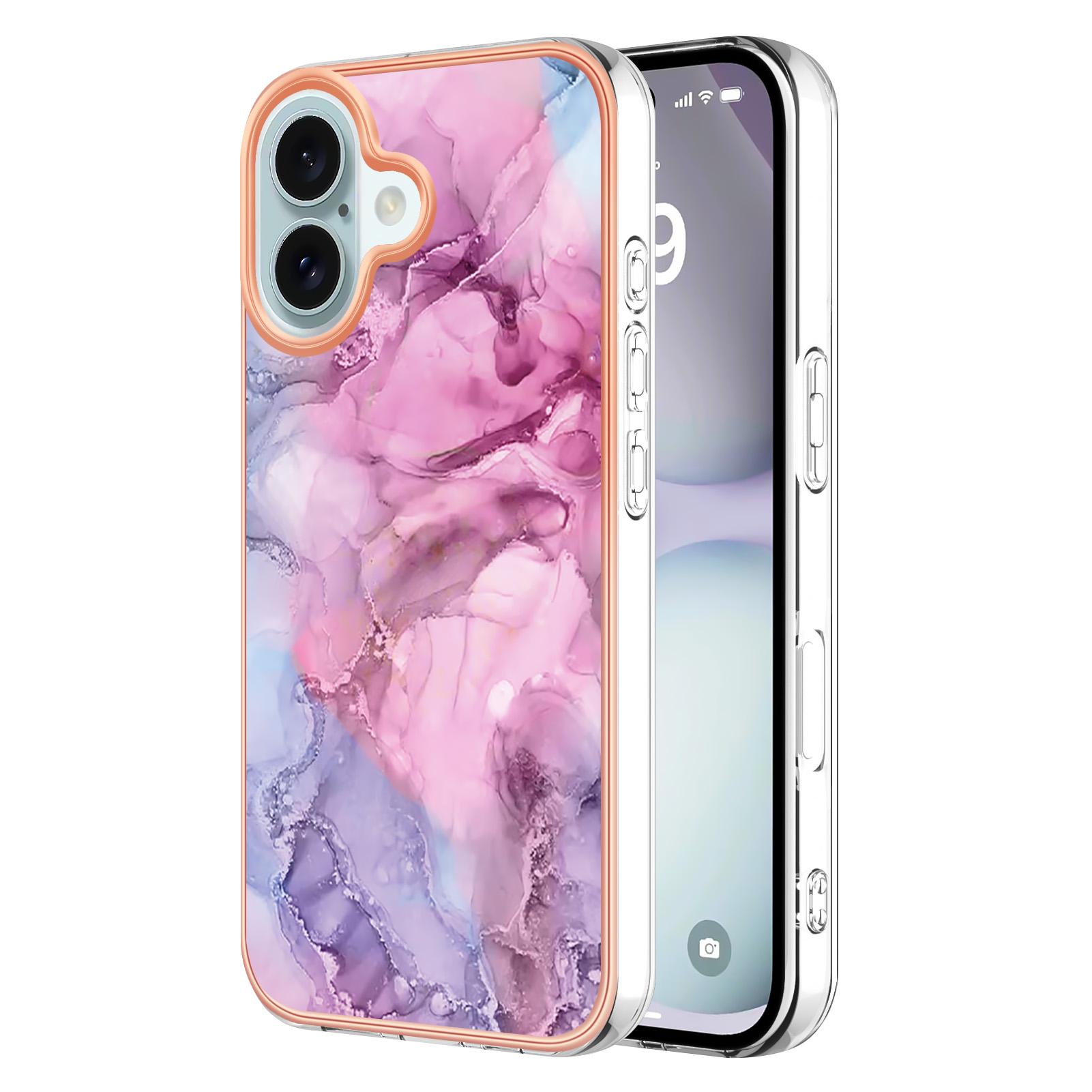 

YB IMD Series-16 Style-E For iPhone 16 TPU Case Marble Pattern Electroplating Phone Cover Rose