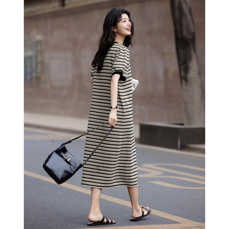 Demana Women's Summer V-Neck Striped Puff Sleeve Knit Dress