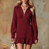 Women's Half Zip Collar Long Sleeve Ruffle Trim Short Dress for Everyday Casual Wear