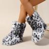 Womens Leopard Print Mid-Calf Fuzzy Faux Fur Boots - Soft, Warm, and Comfortable Slip-on Design with Flat Heel, Round Toe