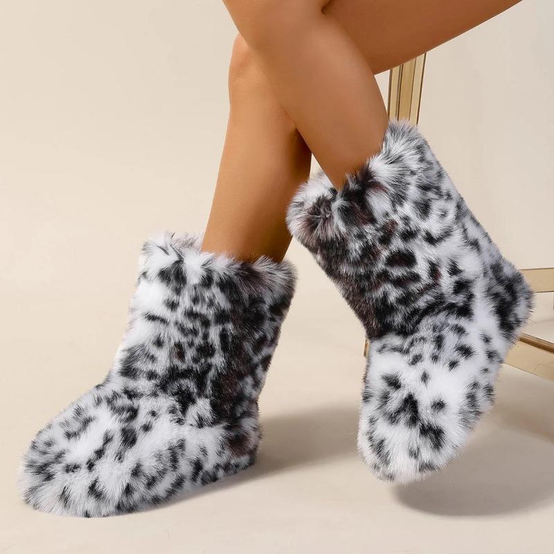 Womens Leopard Print Mid-Calf Fuzzy Faux Fur Boots - Soft, Warm, and Comfortable Slip-on Design with Flat Heel, Round Toe