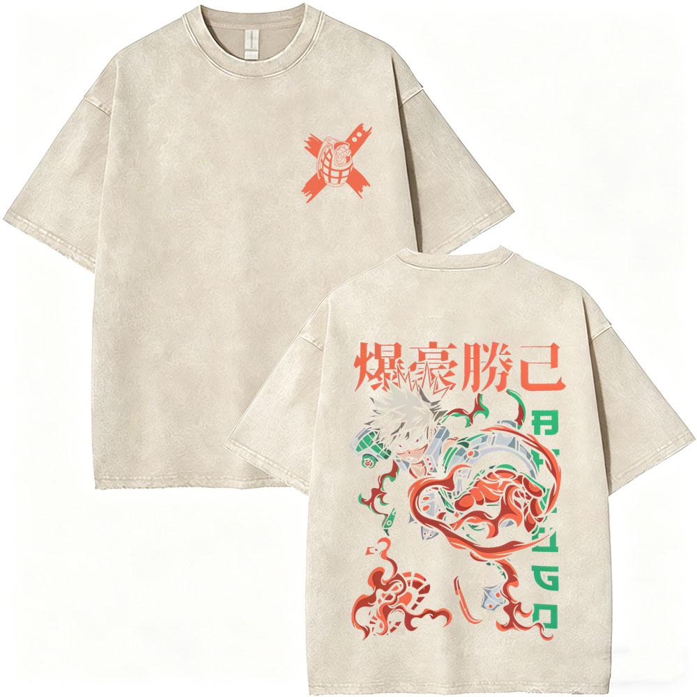 Washed Vintage Anime My Hero Academia Midoriya Izuku and Bakugou Katsuki Merch T Shirt Men Women Casual Retro Oversized Tshirts