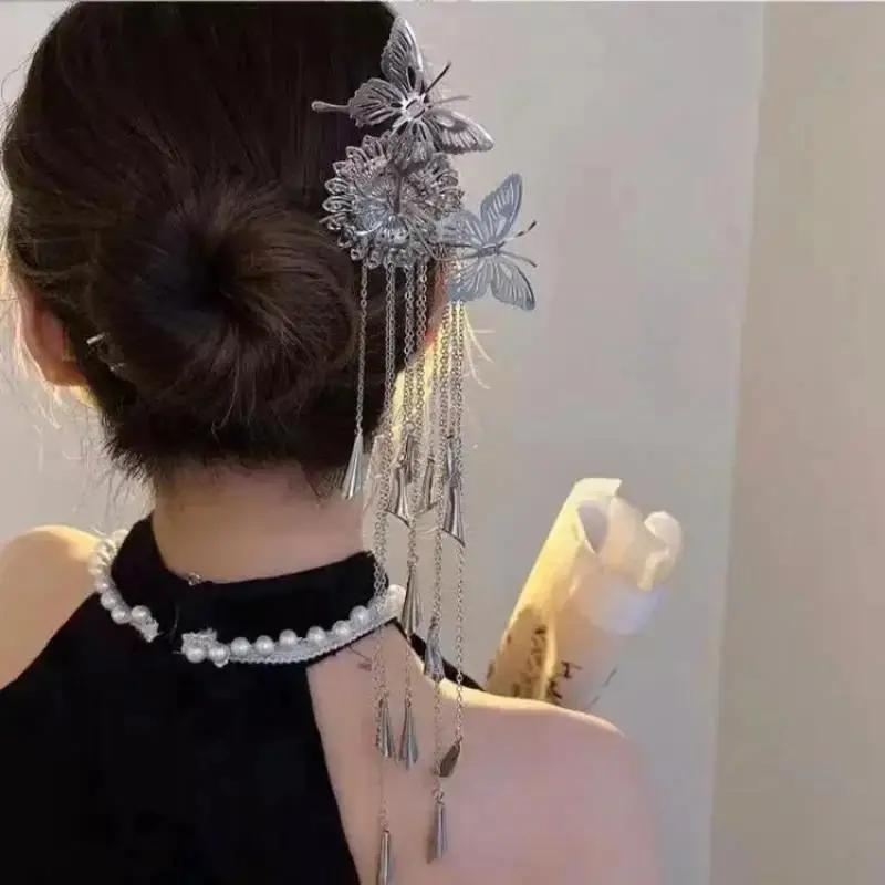 1 Pcs Women Fashion Butterfly Flower Hairpins Exquisite Long Tassel Wedding Headwear Zinc Alloy Material Accessories Gifts