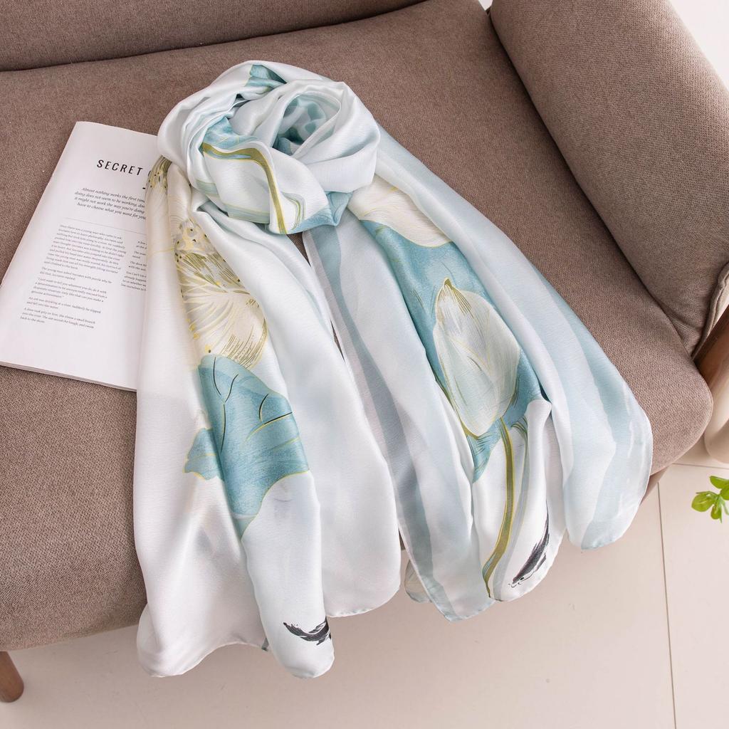Spring and summer long strip high sense travel versatile light white lotus shawl sun protection beach towel mother gift