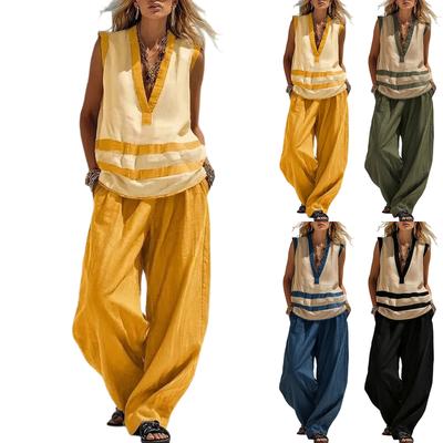 Women V Neck Sleeveless Top and Wide Leg Pants Set Loose Fit Two Piece Outfit Casual Relaxed Style for Daily Wear