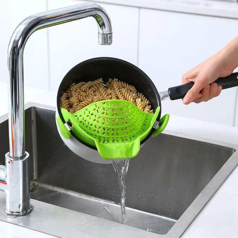Scurta de bucatarie din silicon Clip Suport de scurgere a tigaii Bol Pâlnie Orez Paste Legume Spălat fructe Scurătoare Scurgere Filtru anti-opărire