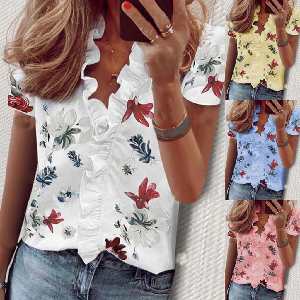 Womens V Neck Ruffle Star Printed Short Sleeve T Shirt Ladies Blouse Shirts Tops